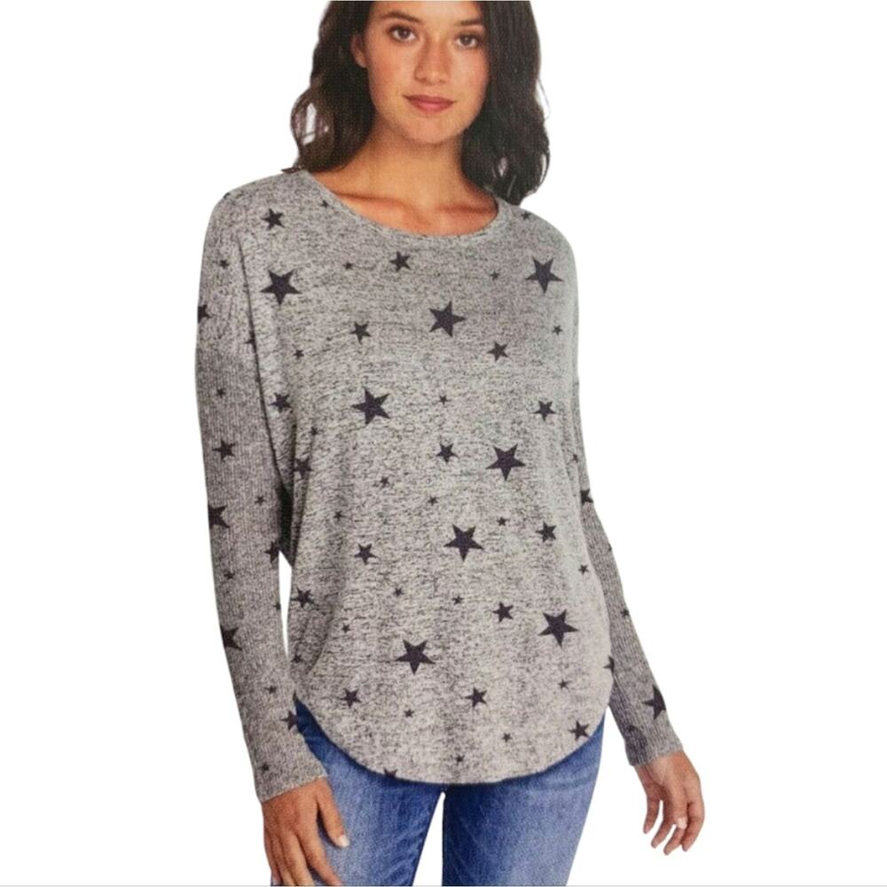 Lucky Brand Deep Scoop Neck Gray Star Patterned Long Sleeve Top Lightweight M
